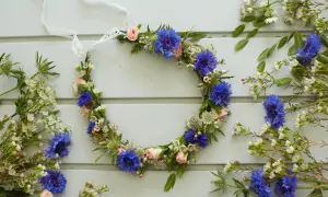 En midsommarkrans med blåklint och rosa rosor, omgiven av vilda blommor.