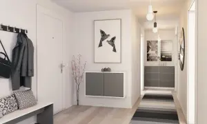 Moderne Garderobe Ideen: Hängende Kommode, Sitzbank, Mantel und Tasche an der Wand, Kunst und ein schmaler Teppich.