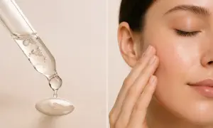 Goutte de sérum sur une pipette et femme appliquant un soin sur sa joue.