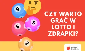 Zastanawiasz się, czy najdroższe zdrapki lotto za 30 zł dają większą szansę na wygraną? Grafika z kulkami i emotikonem zadumy sugeruje rozważania o grach losowych.