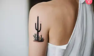 Delikatny kaktus tatuaz na ramieniu, otoczony pustynnymi roślinkami.