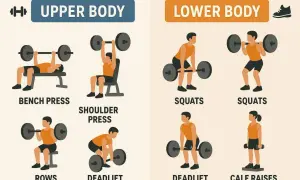 Illustration zeigt Übungen für Kraft Training: Bench Press, Shoulder Press, Rows für den Oberkörper; Squats, Deadlift, Calf Raises für den Unterkörper.