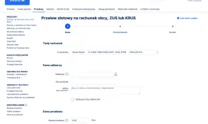 Przelew złotowy na rachunek obcy, ZUS lub KRUS. Wypełnij dane odbiorcy i kwotę przelewu, aby wykonać wu+.