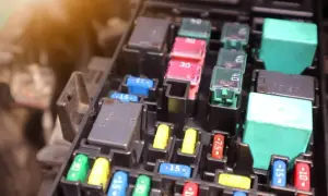 Skrzynka z bezpiecznikami i przekaźnikami, typowa dla Ford Focus MK2. Widać bezpieczniki o różnej wartości prądu.