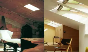 Przed i po: stary, ciemny strych przekształcony w jasne, nowoczesne poddasze dzięki podniesieniu dachu i dodaniu okien.