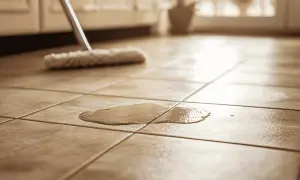 Une serpillière est prête à nettoyer un carrelage très encrassé, avec une flaque d'eau sur le sol.