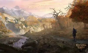 Rycerz w zbroi wędruje przez jesienny krajobraz z zamkiem w oddali. Idealna sceneria dla graczy szukających wysokich **Baldur's Gate 3 wymagań**.