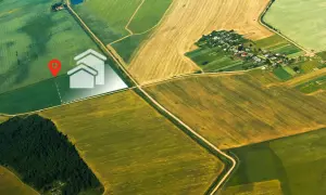 Działka rolna z warunkami zabudowy może stać się działką budowlaną. Widok z lotu ptaka na pola i wyznaczoną działkę z ikoną domu.