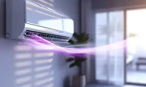 Moderne Klimaanlage zum Heizen mit lila Luftstrom, der sich im Raum ausbreitet.