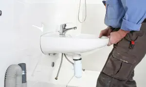 Mann mit Werkzeughose montiert ein neues Waschbecken. Ein DIY-Projekt, um das Waschbecken selber auszutauschen.
