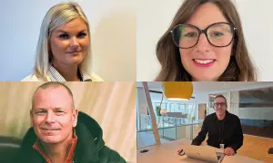 Fyra personer, två kvinnor och två män, porträtterade i en collage. De arbetar på en hållbar arbetsplats.