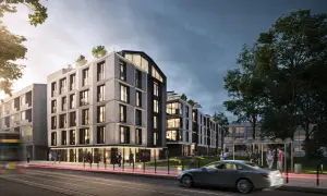 Nowoczesne apartamenty w Krakowie, z tramwajem i samochodem w ruchu. Ceny mieszkań w krakowie mogą być wysokie, ale warto zainwestować w taką lokalizację.