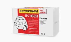 Płyty styropianowe EPS 100-038 do dachu i podłogi. Opakowanie z instrukcją obsługi i informacjami o bezpieczeństwie.