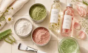 A cosa serve l'argilla? In questa immagine, polveri di argilla bianca, verde e rosa sono pronte per creare maschere viso, insieme a idrolati e aloe.