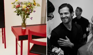 En röd möbel med blommor och en leende man, en glimt av Carl Philips design.