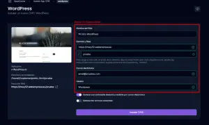 Configuración para instalar WordPress: nombre del sitio, dominio y ruta, correo electrónico y usuario. Aprende como crear un dominio web.