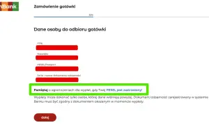 Formularz zamówienia gotówki. Wpisz dane odbiorcy, pamiętaj o ograniczeniach dla wypłat, gdy Twój PESEL jest zastrzeżony!