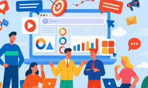 Equipo discutiendo diferentes tipos de agencias de marketing digital, con gráficos, un objetivo y un megáfono.