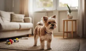 Perro pequeño y peludo, con pelaje marrón y blanco, parado en una alfombra. Parece que mi perro ladra mucho, ¡pero hoy está tranquilo!