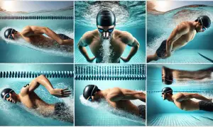 Collage of swimmers in action, showcasing intense triathlon swim workouts. Underwater shots highlight powerful strokes and focused determination.