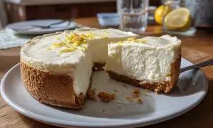 En krämig, fryst cheesecake med citronskal som garnering. En bit är uppskuren och redo att avnjutas.