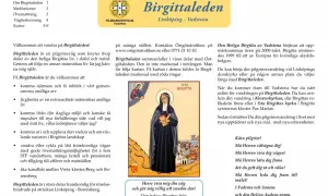 Bilden visar en illustration av den heliga Birgitta, med text om Birgittaleden, en pilgrimsväg.