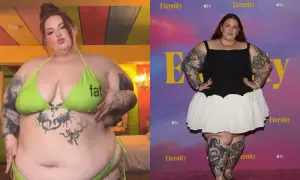 Modelka plus-size w bikini i w czarno-białej sukience na tle dywanu.