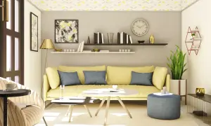 Soggiorno moderno con divano giallo, tavolini, poltrona e soprammobili disposti con gusto.