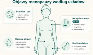 Ilustracja przedstawia objawy menopauzy: psychika i sen, naczynioruchowe, moczowo-płciowe, kości i metabolizm.