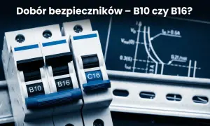 Jaki bezpiecznik do gniazdek? Na zdjęciu widać wyłączniki nadprądowe B10, B16 i C16, obok schematu elektrycznego.
