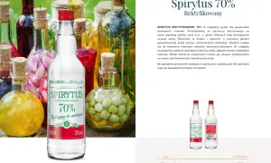 Butelka spirytusu kaliskiego 70% na tle innych butelek z nalewkami. Idealny do domowych nalewek.