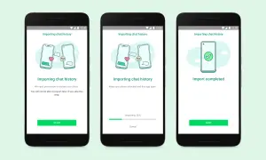 Ekran pokazuje, jak przenieść WhatsApp z Androida na iPhone. Proces importu historii czatów jest w toku.