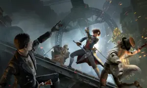 Kobieta z łukiem walczy z mechanicznymi przeciwnikami w klimacie steampunk. To scena jak z gier triple a.