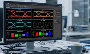 Analiza sygnałów SPI i I2C na ekranie komputera, z wykresem "oczek oczu" i słupkowym wykresem marginesów szumu.