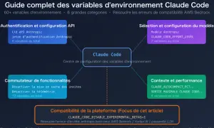 Diagramme expliquant les variables d'environnement pour Claude Code, incluant l'authentification, la sélection du modèle, les fonctionnalités et le contexte. Utile pour les développeurs Node.js utilisant dotenv.