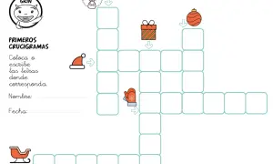Un crucigrama de palabras con temática navideña, con un ángel, un regalo, un adorno, un gorro, un guante y un trineo.
