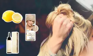 Kobieta z blond włosami, cytryny i rozjaśniacz do włosów.