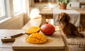 Słodki mango dla psa, pokrojony w kostkę na desce, obok całego owocu. W tle siedzi jamnik.
