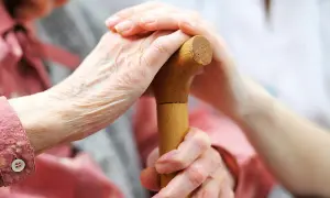 En äldre person håller i en käpp, med en annan hand som stöttar. En **case manager** ger trygghet och hjälp.