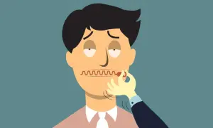 Uomo con bocca a cerniera, simbolo del mutismo selettivo negli adulti. Una mano chiude la cerniera.