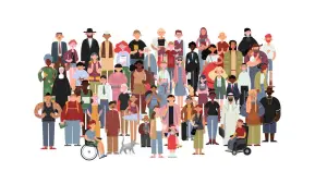 Bunte, heterogene gruppen von Menschen aller Altersgruppen, Ethnien und Berufe stehen zusammen.