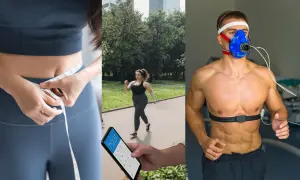 Mätning av midjemått, löpning i parken och en man som genomgår ett konditionstest. Kanske en tabell för cooper test 3 km?