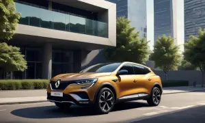 En gyllene Renault Arkana testkörs längs en stadsgata, med moderna byggnader och gröna träd i bakgrunden.