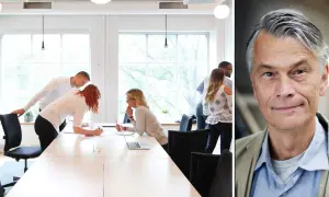 Mötesrum med folk som diskuterar, en del verkar fastna i funktionell dumhet. Till höger en man med grått hår.