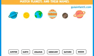 Actividad para emparejar planetas y sus nombres en inglés. Muestra varios planetas y sus nombres como Júpiter, Tierra, Urano, Mercurio, Saturno y Luna.