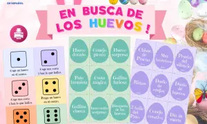 Tablero de juego para buscar huevos de Pascua con dados y cartas de retos como "Conejo picaresco" o "Duelo de orejas".
