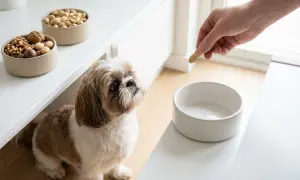 Czy pies może jeść orzeszki ziemne? Shih tzu z nadzieją patrzy na rękę podającą mu orzeszka.