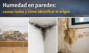 Humedad en paredes: causas y cómo identificar el origen. Muestra moho negro en esquinas y manchas de agua.