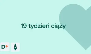 19 tydzień ciąży to już połowa piątego miesiąca. Na jasnym tle serce i ikony.