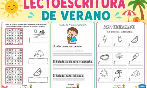 Actividad de vocabulario verano infantil: sopa de letras, escritura de frases y autodilactado con dibujos veraniegos.